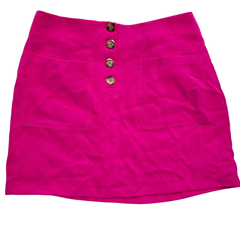 Newbury Kustom Womens Hot Pink Mini Skirt Tortoise Shell Buttons Dopamine Sz Med